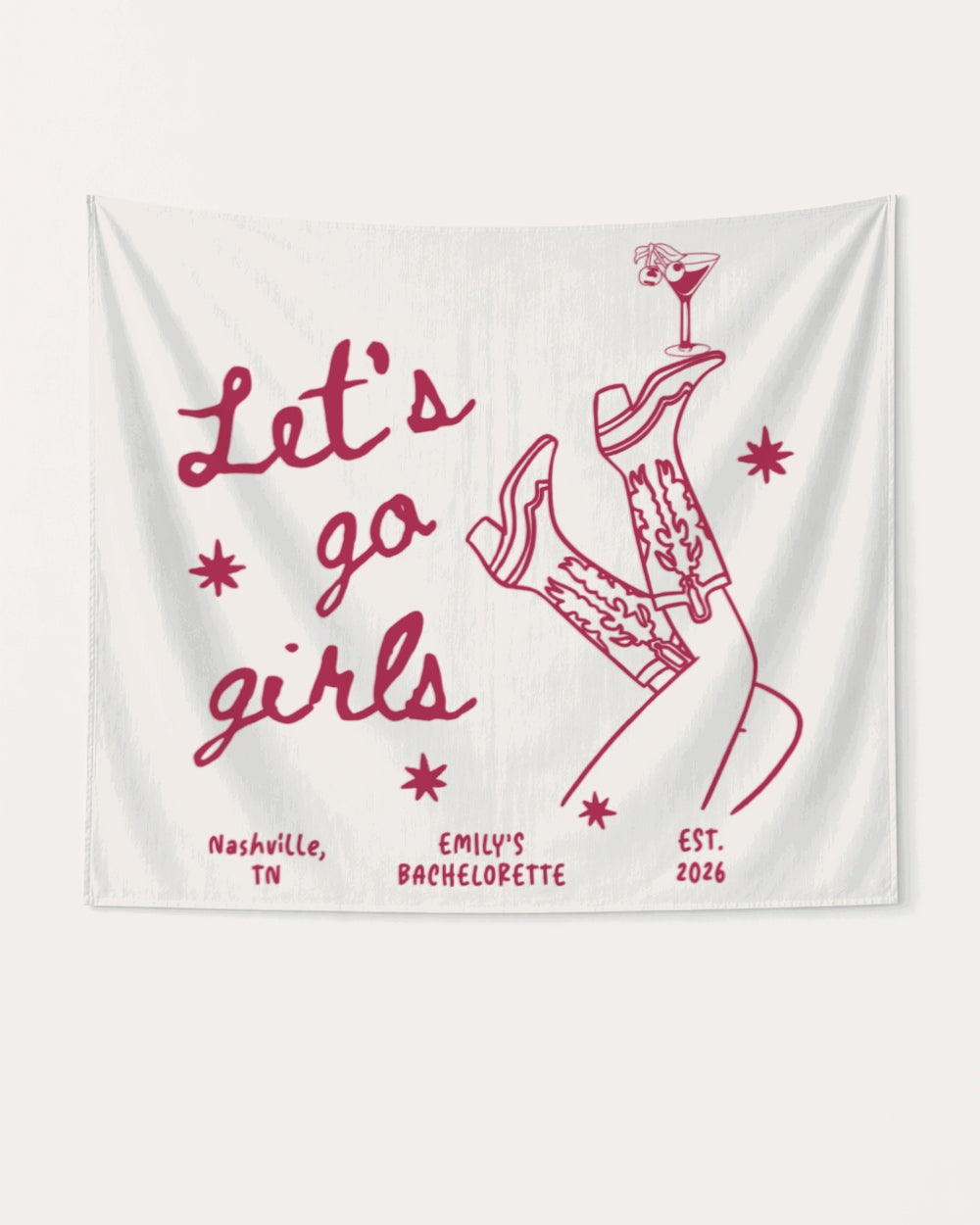 Vintage line-art bachelorette party banner with cursive script and Nashville boot-and-martini illustration. Personalized with bride name, destination city, and year for the full bridal crew.