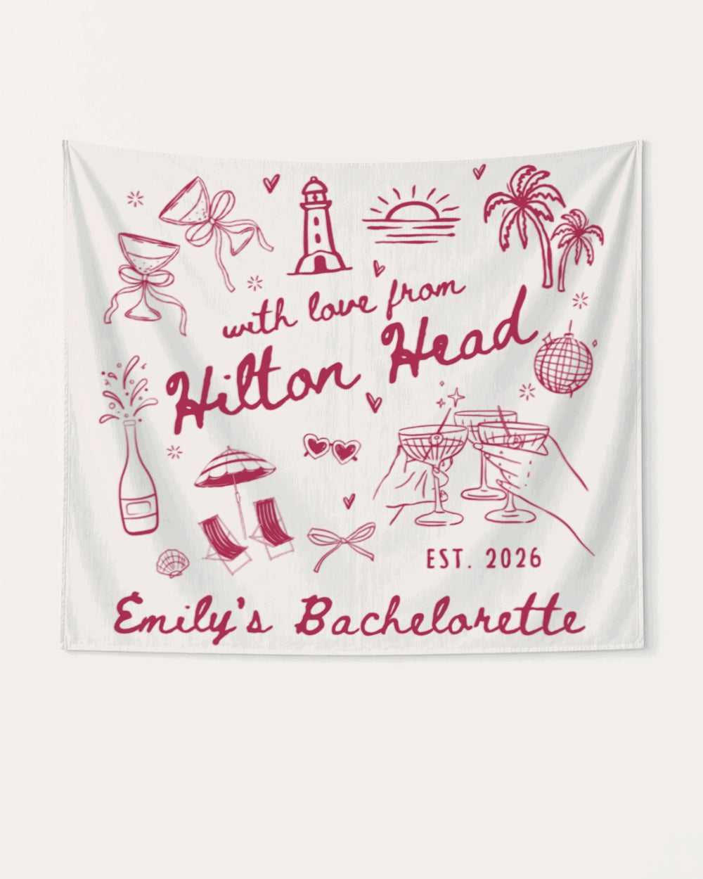 Whimsical line-art doodle bachelorette banner with hand-drawn script and coastal illustrations. Personalized with bride name, destination, and year for the full bridal crew.