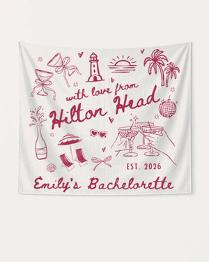 Whimsical line-art doodle bachelorette banner with hand-drawn script and coastal illustrations. Personalized with bride name, destination, and year for the full bridal crew.