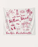 Whimsical line-art doodle bachelorette banner with hand-drawn script and coastal illustrations. Personalized with bride name, destination, and year for the full bridal crew.