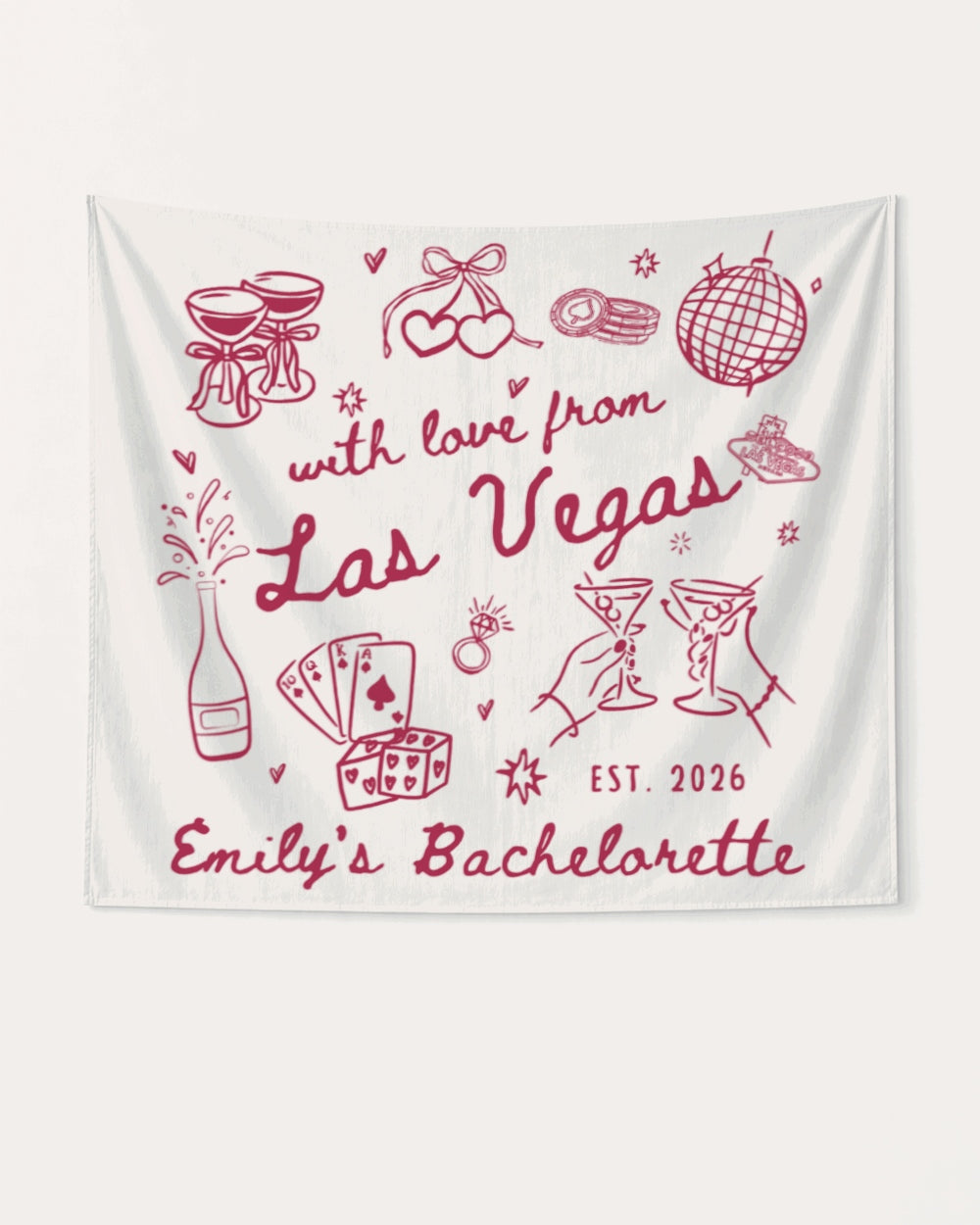 Hand-drawn doodle bachelorette banner with playful Las Vegas line art and whimsical script. Personalized with bride name, bachelorette year, and destination city for the whole crew.
