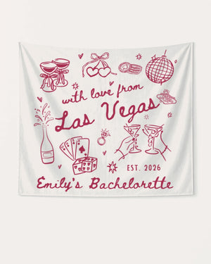 Hand-drawn doodle bachelorette banner with playful Las Vegas line art and whimsical script. Personalized with bride name, bachelorette year, and destination city for the whole crew.