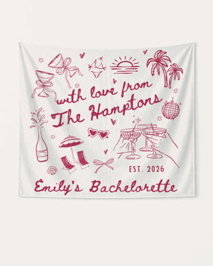 Minimalist line-art doodle bachelorette banner with playful icons and script personalized with bride name, year, and destination. Custom Hamptons bachelorette party decor for the bridal crew.