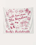 Minimalist line-art doodle bachelorette banner with playful icons and script personalized with bride name, year, and destination. Custom Hamptons bachelorette party decor for the bridal crew.