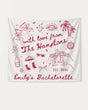 Minimalist line-art doodle bachelorette banner with playful icons and script personalized with bride name, year, and destination. Custom Hamptons bachelorette party decor for the bridal crew.