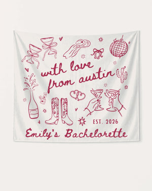 Whimsical line-art doodle bachelorette banner with script lettering and hand-drawn Austin icons. Personalized with bride name, destination city, and EST. year for the full bachelorette weekend crew.