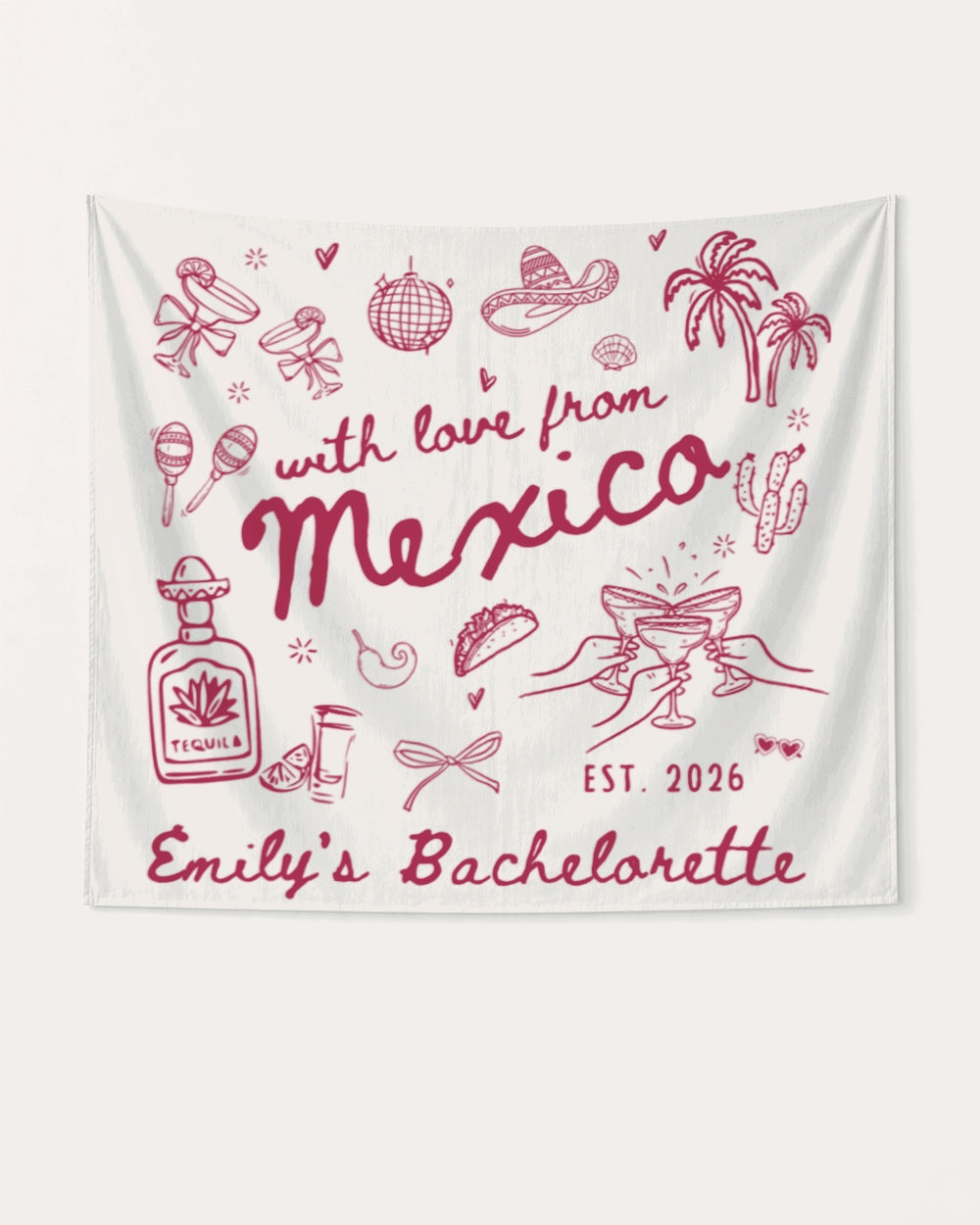 Vintage line-art bachelorette banner with hand-drawn Mexico destination theme, script lettering, and whimsical illustrations. Personalized with bride name, year, and destination for the full party setup.