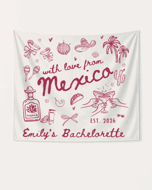 Vintage line-art bachelorette banner with hand-drawn Mexico destination theme, script lettering, and whimsical illustrations. Personalized with bride name, year, and destination for the full party setup.
