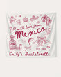 Vintage line-art bachelorette banner with hand-drawn Mexico destination theme, script lettering, and whimsical illustrations. Personalized with bride name, year, and destination for the full party setup.