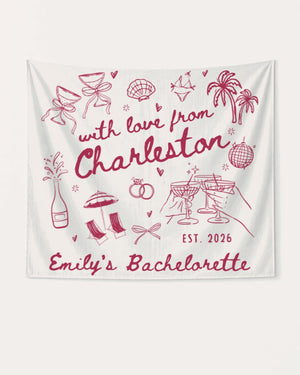 Hand-drawn doodle script bachelorette party banner with whimsical illustration art. Personalized with bride name, destination city, and EST year for the full crew celebration.