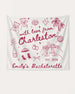 Hand-drawn doodle script bachelorette party banner with whimsical illustration art. Personalized with bride name, destination city, and EST year for the full crew celebration.
