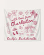 Hand-drawn doodle script bachelorette party banner with whimsical illustration art. Personalized with bride name, destination city, and EST year for the full crew celebration.