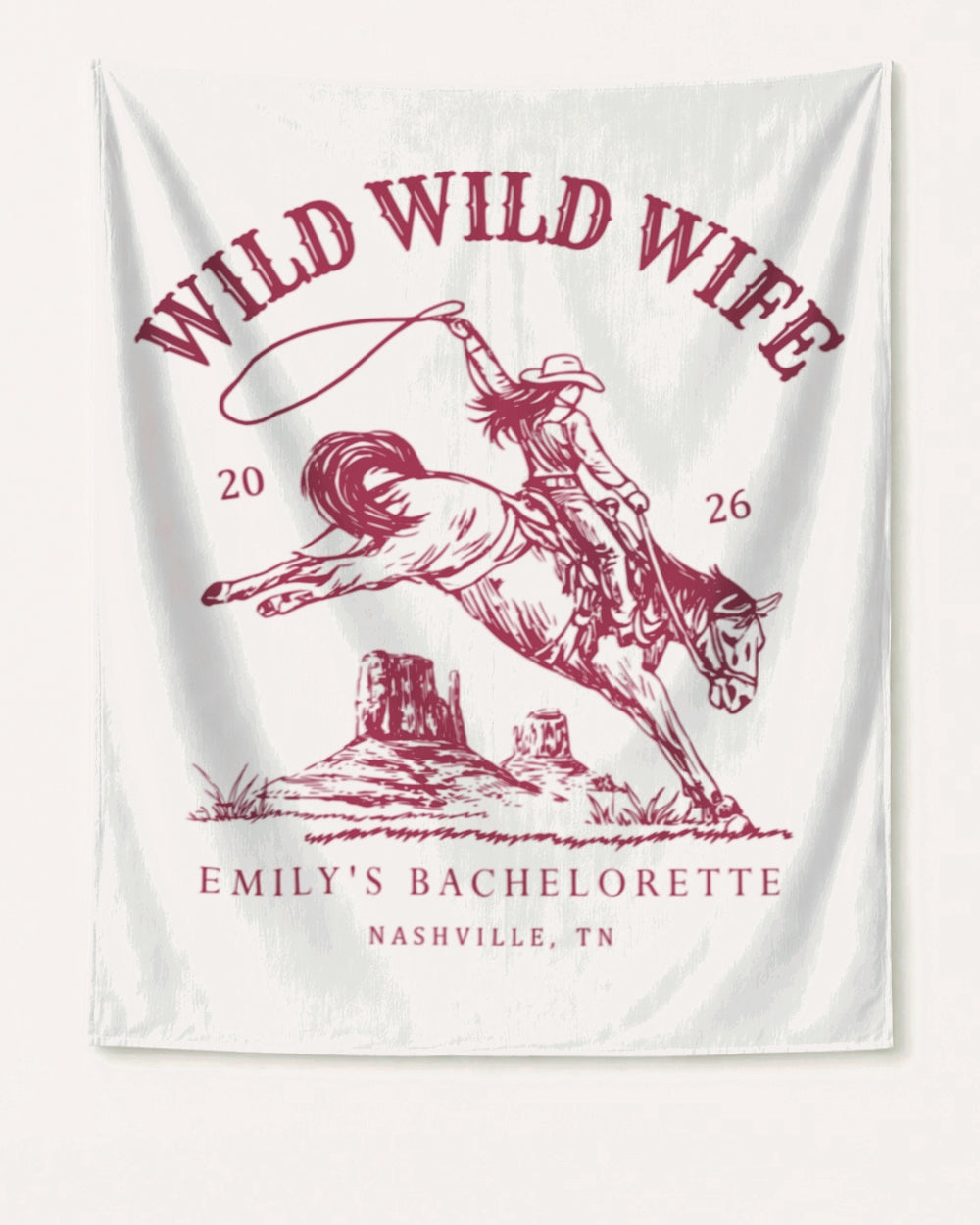 Maid-of-honor gift idea: Wild Wild Wife bachelorette banner with vintage western art. Personalized with bride name, year, and destination city for the whole bridal crew.