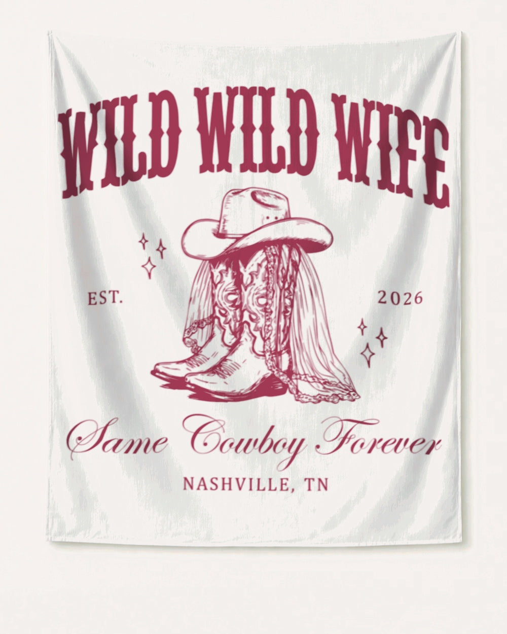 Gift idea for a cowgirl bachelorette party: Wild Wild Wife banner with vintage western illustration and script lettering. Customizable with bride name, year, and destination city.