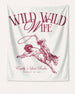 Gift idea for the bride: Wild Wild Wife bachelorette banner with vintage cowgirl illustration and script lettering. Personalized with bride name, destination city, and year for her last rodeo weekend.