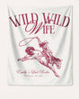 Gift idea for the bride: Wild Wild Wife bachelorette banner with vintage cowgirl illustration and script lettering. Personalized with bride name, destination city, and year for her last rodeo weekend.