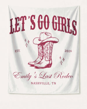 Gift idea for the bachelorette crew: country western party banner with vintage cowboy boot and hat motifs. Personalized with bride name, event year, and destination city for any Last Rodeo celebration.
