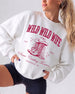 Vintage western varsity sweatshirt for bachelorette parties with bold boot graphic and retro script lettering. Country bride crew style, customizable with name, year, and destination city.