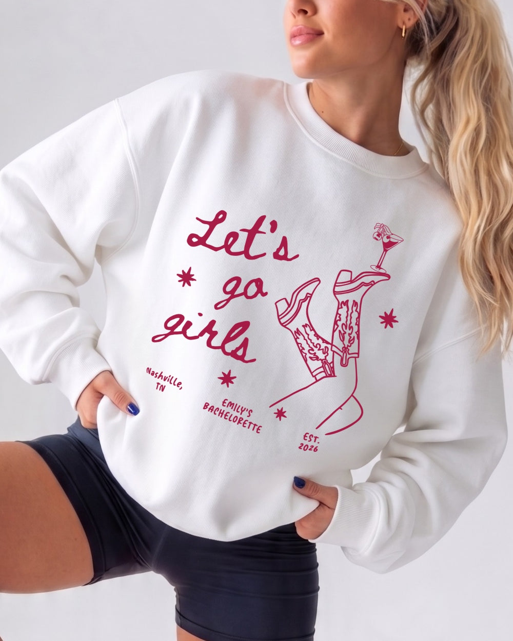 Girls night out crew sweatshirt with minimalist hand-drawn script and line-art boots and martini graphics. Cozy matching option for the whole squad heading out together.