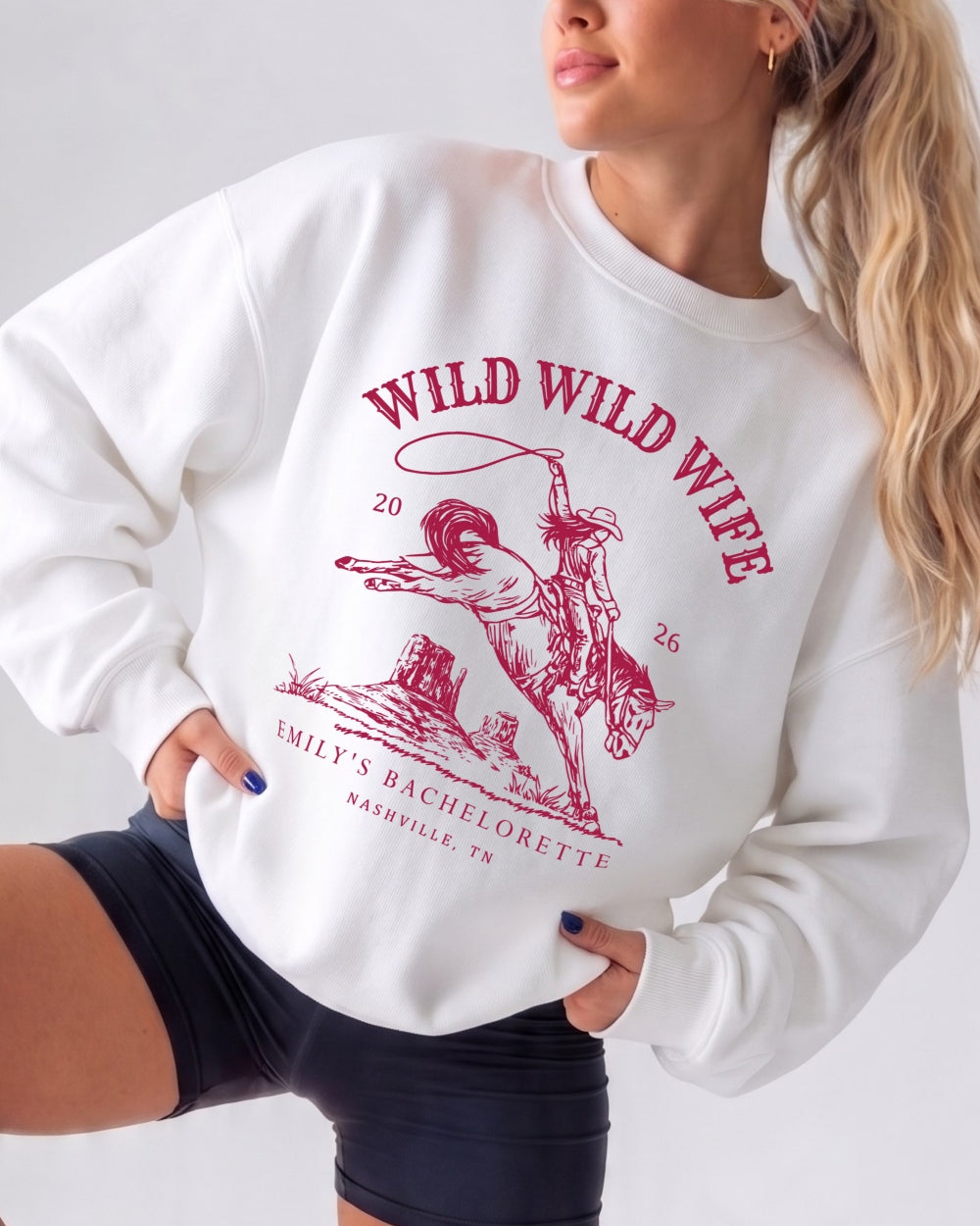 Bride and bridesmaids matching bachelorette sweatshirts with vintage western rodeo art. Personalized with bride name, destination city, and weekend date for the whole crew.