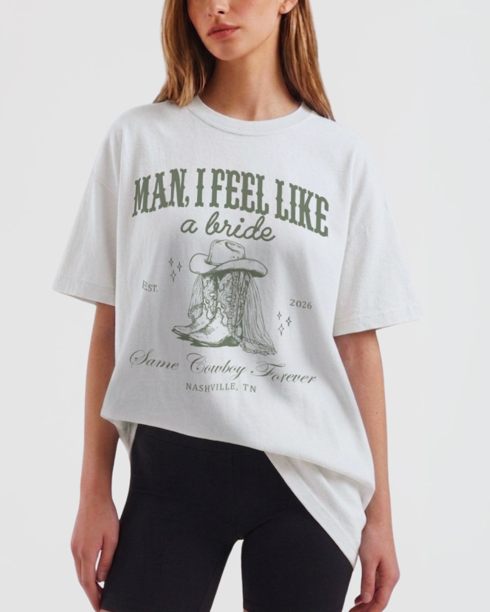 Personalized bachelorette T-shirt with bride name, year, and destination city on a vintage western Last Rodeo design. Custom name and city for the whole Nashville-bound bride squad.
