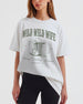 Personalized country bride bachelorette t-shirt with vintage western boot graphic and ornate serif lettering. Custom bride name, wedding year, and hometown city for the whole Wild Wild Wife crew.