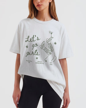 Personalized girls night out tee with vintage line-art boots and martini graphics and Let's Go Girls script lettering. Custom name or date option for the whole crew.