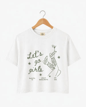 Girls night out crop top with vintage line-art boots and martini illustration, script lettering for the whole crew. Perfect for bachelorette parties, girls trips, and late-night outings.