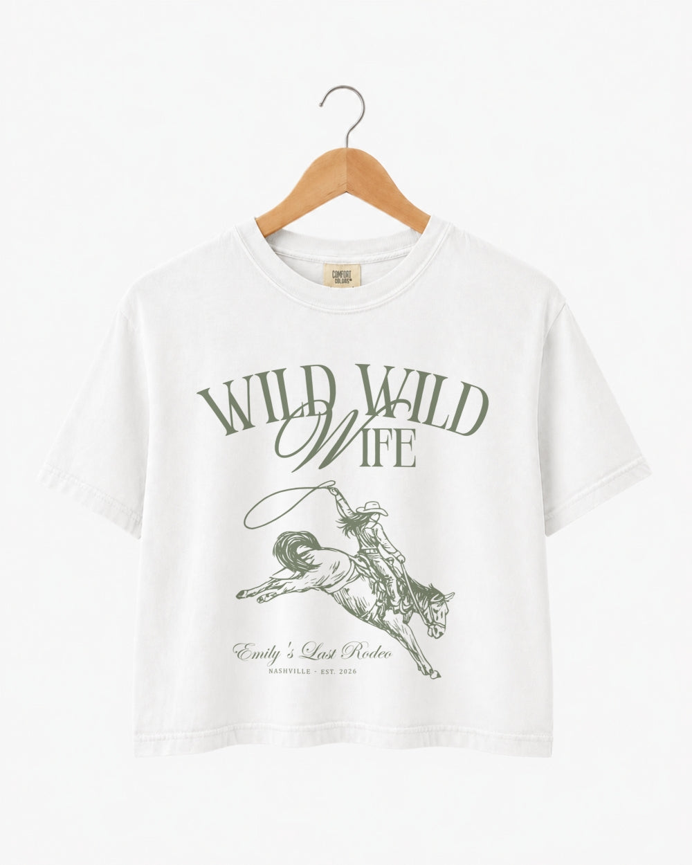Bachelorette weekend crop top with vintage western illustration and Last Rodeo theme. Personalized with bride name, destination city, and year for the whole Nashville-bound crew.