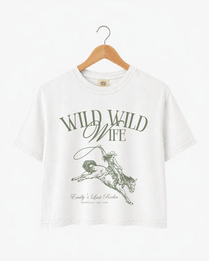 Bachelorette weekend crop top with vintage western illustration and Last Rodeo theme. Personalized with bride name, destination city, and year for the whole Nashville-bound crew.