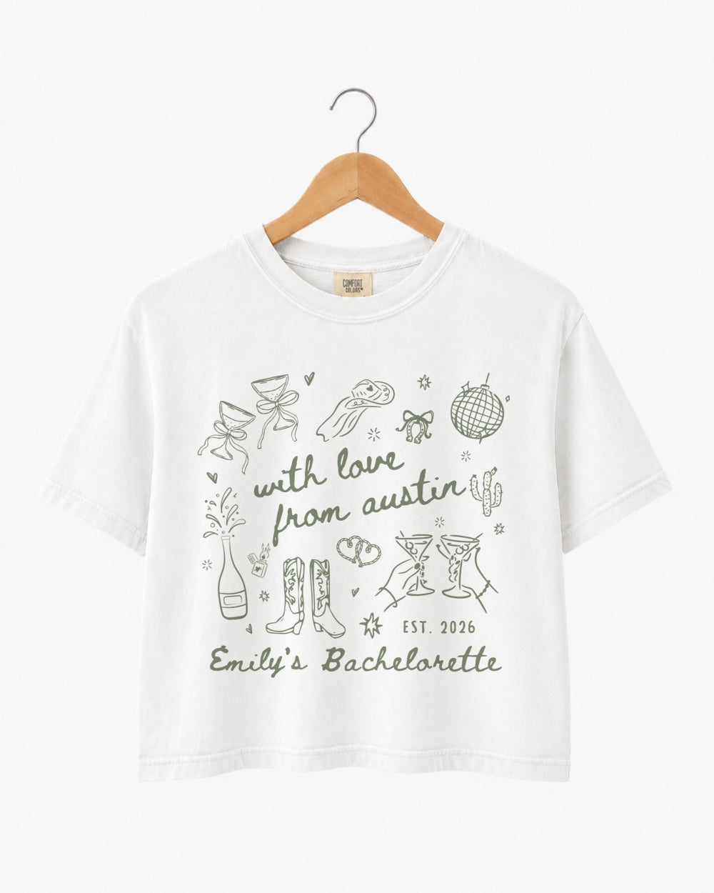 Bachelorette weekend crop tops with minimalist doodle script art, city and bride name customizable. Made for the Austin girls trip crew and any destination bachelorette party.