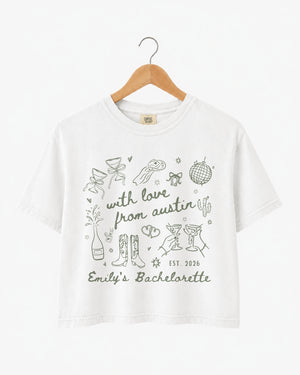 Bachelorette weekend crop tops with minimalist doodle script art, city and bride name customizable. Made for the Austin girls trip crew and any destination bachelorette party.