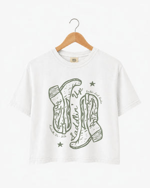 Settlin' Down & Saddlin' Up Cowgirl Boots Crop Top White