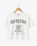 Bachelorette weekend crop top with vintage western illustration and cowgirl bride theme. Wild Wild Wife design with script typography, personalized with bride name, year, and destination city.