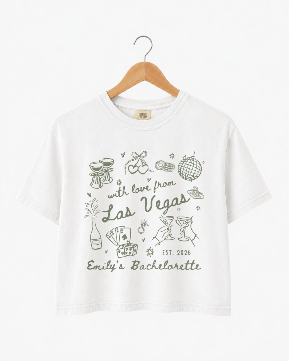 Las Vegas bachelorette weekend crop top with vintage line-art script lettering. Personalized with bride name, year, and destination for the whole crew. Perfect for the strip, pool parties, and late nights out.