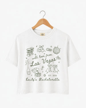 Las Vegas bachelorette weekend crop top with vintage line-art script lettering. Personalized with bride name, year, and destination for the whole crew. Perfect for the strip, pool parties, and late nights out.