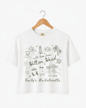 Bachelorette weekend crop top with playful line-art doodles and hand-drawn script, destination style for the whole crew. Personalized with bride name, year, and beach city.