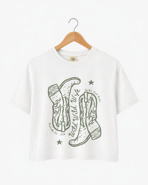 Wild Wild Wife Cowgirl Boots Crop Top White