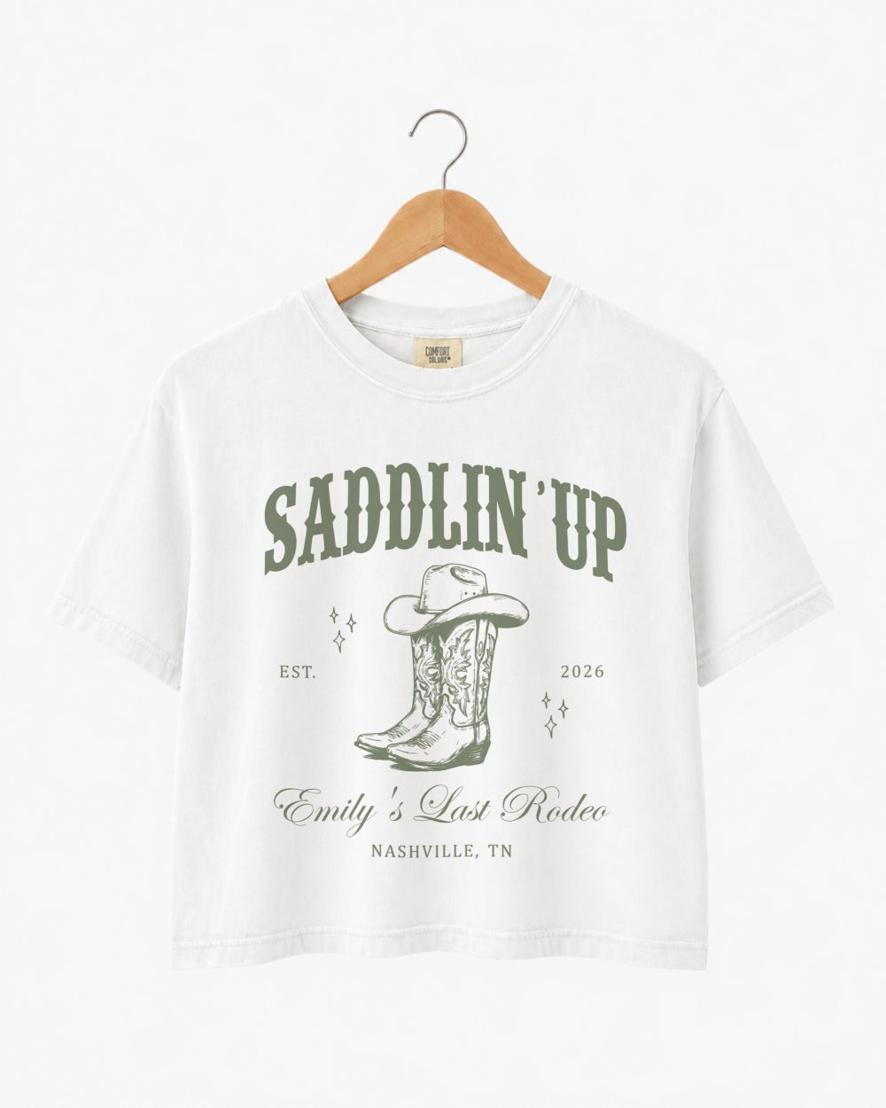 Bachelorette rodeo weekend crop top for the bride's last rodeo crew, vintage western theme with bride name, year, and city customizable for Nashville or any destination.