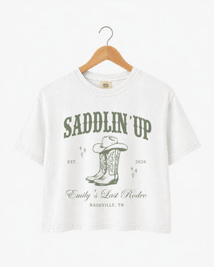 Bachelorette rodeo weekend crop top for the bride's last rodeo crew, vintage western theme with bride name, year, and city customizable for Nashville or any destination.