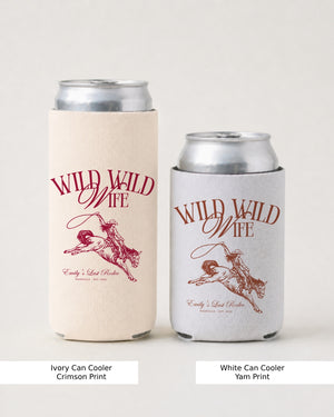 Bride gift idea: Wild Wild Wife can cooler with vintage cowboy illustration and elegant script. Perfect bachelorette party favor or bridesmaid proposal gift for a western-themed celebration.