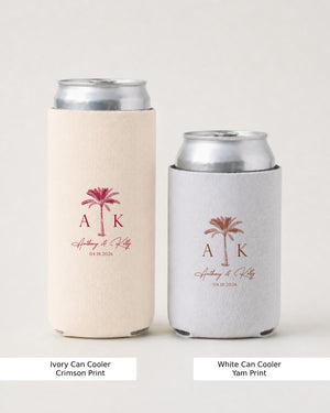 Bride and groom personalized can coolers for a beach wedding reception, minimalist palm tree and floral line-art design. Couple names and wedding date customizable for the full guest favor set.