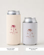 Bride and groom personalized can coolers for a beach wedding reception, minimalist palm tree and floral line-art design. Couple names and wedding date customizable for the full guest favor set.