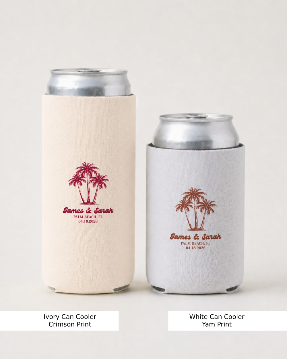 Bride and wedding guests sipping from personalized beach wedding can coolers with palm tree line art. Custom names, initials, and date for tropical destination weddings and bachelorette parties.