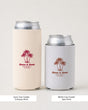 Bride and wedding guests sipping from personalized beach wedding can coolers with palm tree line art. Custom names, initials, and date for tropical destination weddings and bachelorette parties.