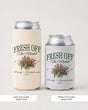 Bride and bridesmaids can coolers for a Fresh Off the Market bachelorette party. Vintage botanical illustration with script typography, perfect for the newly engaged celebration crew.