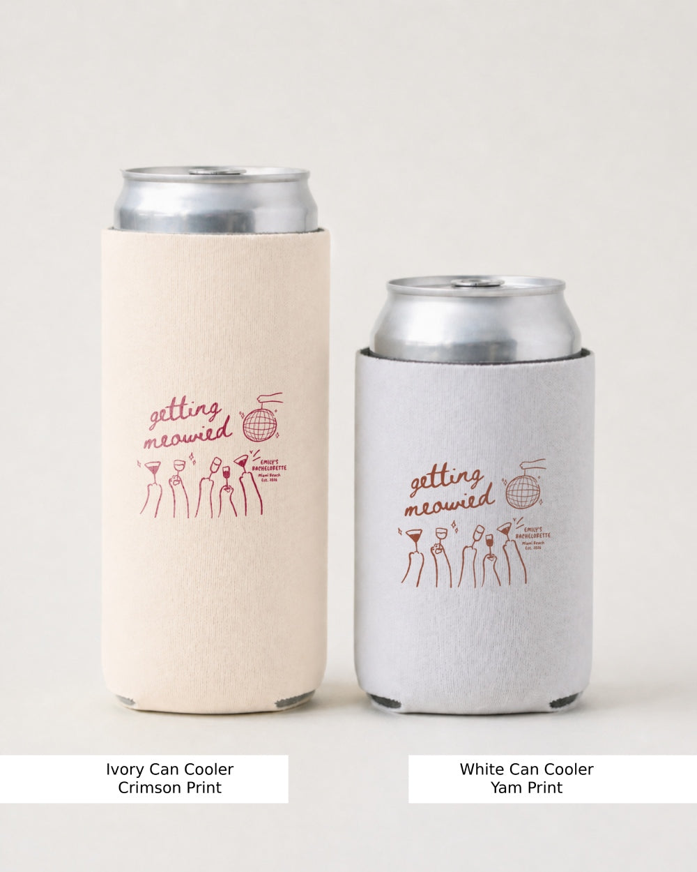 Bride and bridesmaids sipping from Getting Meowied bachelorette can coolers at the party. Minimalist doodle art cat wedding theme for the whole bachelorette crew.