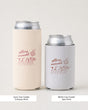 Bride and bridesmaids sipping from Getting Meowied bachelorette can coolers at the party. Minimalist doodle art cat wedding theme for the whole bachelorette crew.