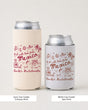 Bride and bridesmaids matching can coolers for a Mexico bachelorette weekend. Vintage script design personalized with the bride's name and destination for the whole crew.