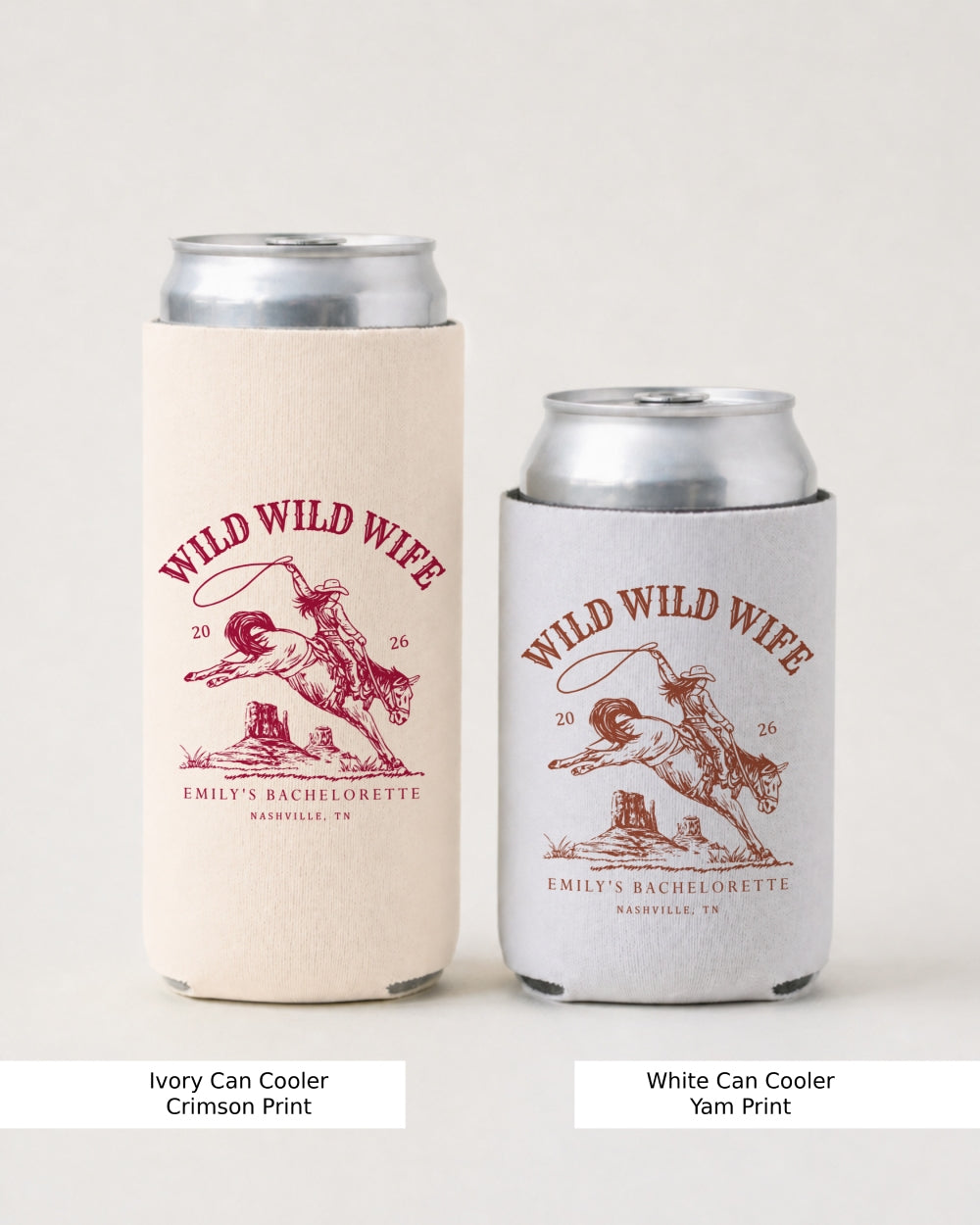 Bachelorette gift idea: Wild Wild Wife cowgirl rodeo can cooler with vintage western illustration and script lettering. Perfect for the bride-to-be or the whole bachelorette crew.